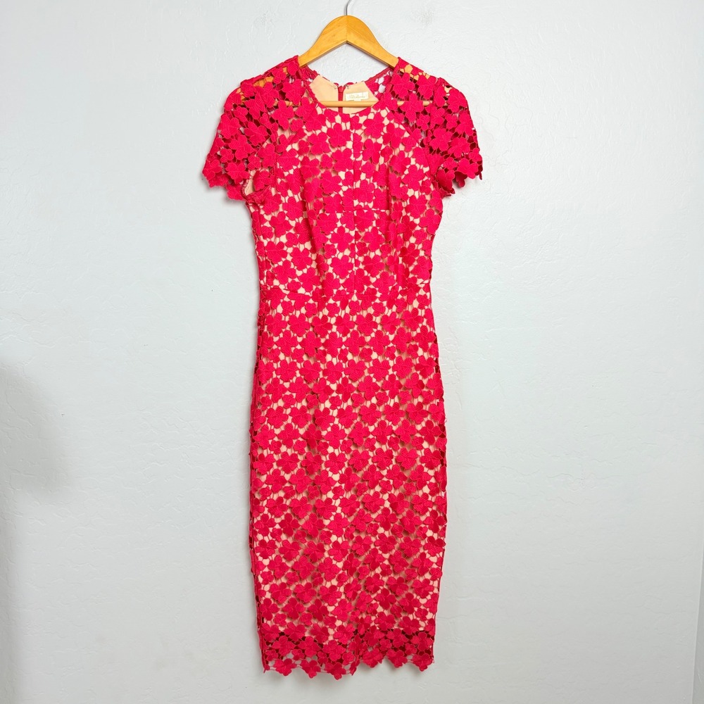 Shoshanna Red Floral Lace Midi Sheath Dress Short Sleeve 2358181 Size 6